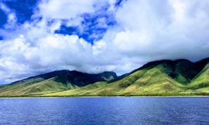 Lush green hills meeting the sparkling sea, showcasing Lefkada’s natural landscape.