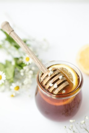 A jar filled with honey and a wooden honey dipper rests on top, adorned with small white flowers. Inside the jar, slices of lemon are visible, adding a fresh element. Surrounding the jar are delicate, small white flowers and green foliage, giving a natural and calming vibe.
