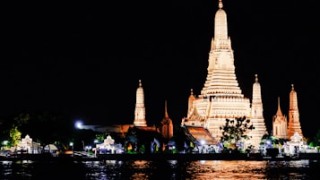A beautifully illuminated temple with intricate architecture stands majestically against a dark night sky. The temple's prominent spires and detailed structure are highlighted by bright lights, reflecting on the calm water surface below. Surrounding foliage and smaller buildings add to the serene ambiance.
