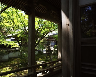 A serene image of a wooden structure surrounded by natural light.