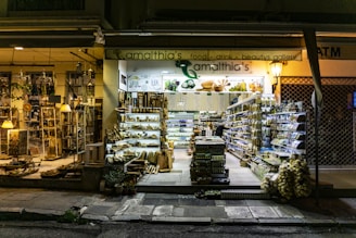 A well-lit store with a large variety of products displayed on shelves both inside and outside. The store's signage reads 'Amalthia's' and offers a range of food, drinks, beauty products, and other items. There are hanging lamps and potted plants near the entrance, contributing to a welcoming atmosphere.