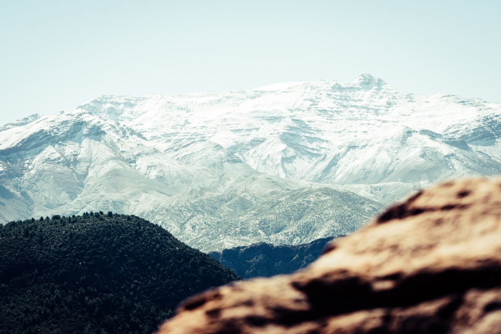 a view of a snow covered mountain range