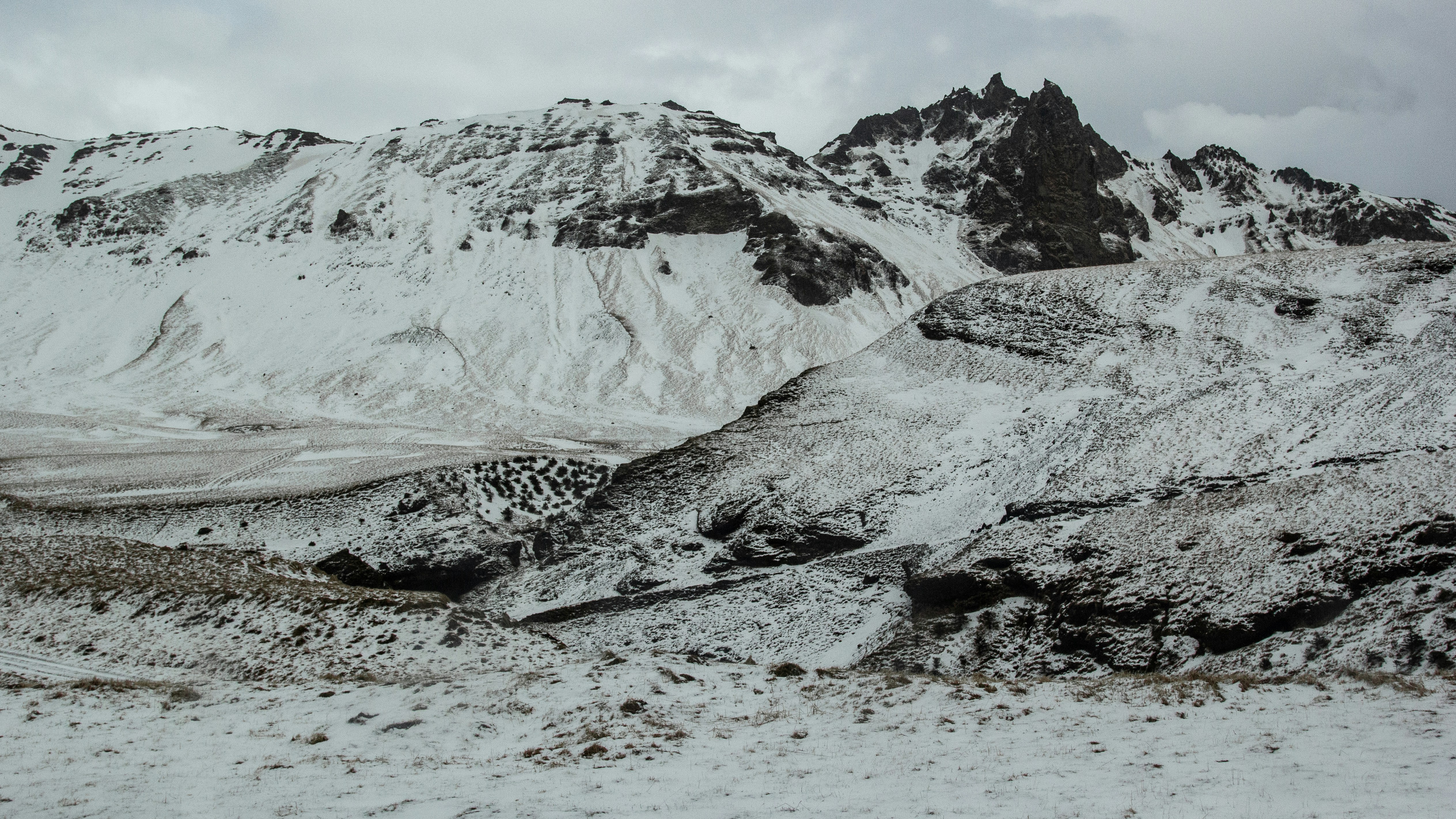 View of Reynisfjall from the city Vík í Mýrdal in South Iceland. 