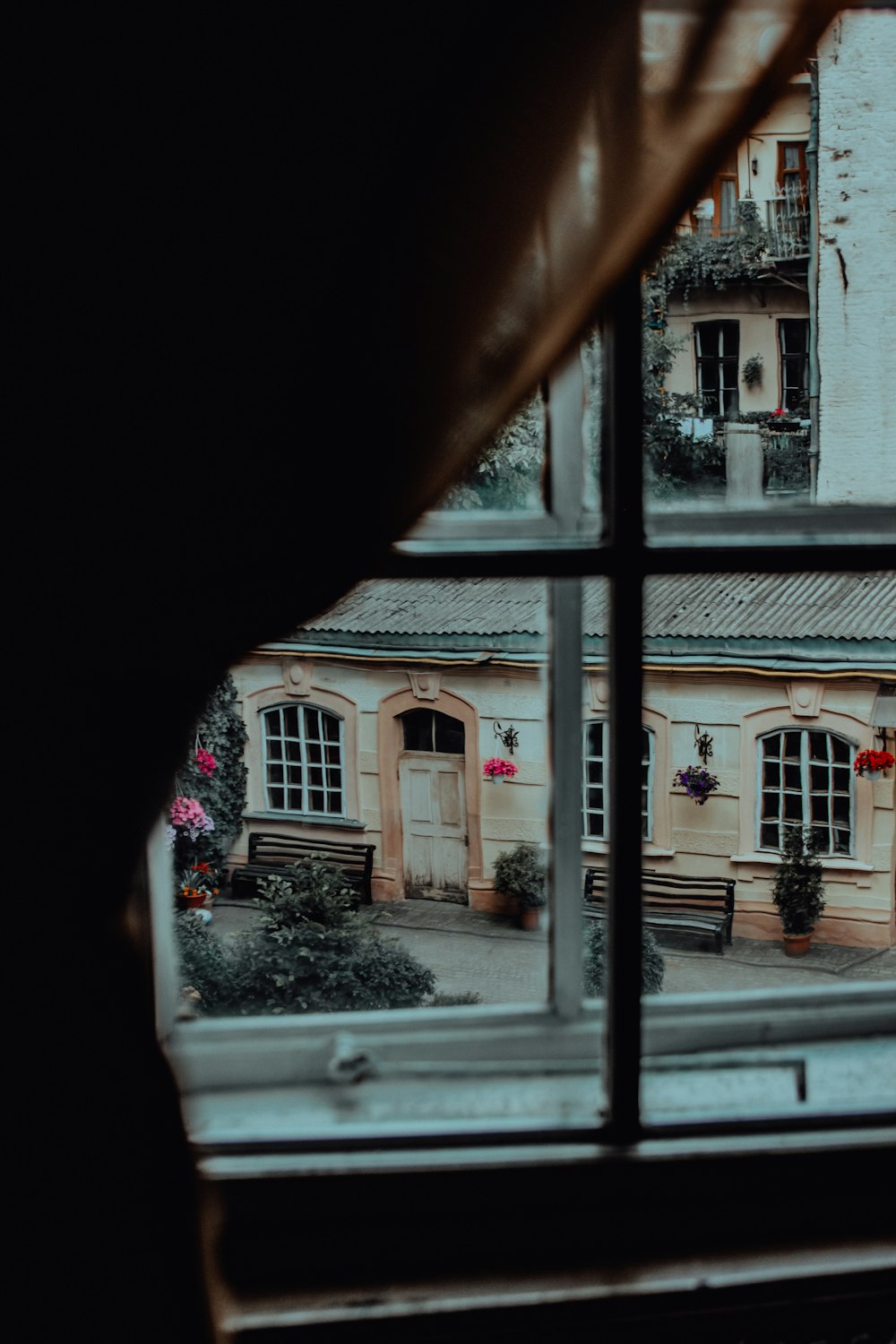 a view of a building through a window