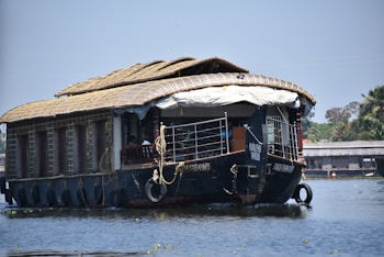 A traditional houseboat with a thatched roof floating on calm waters, surrounded by lush green vegetation and a clear blue sky.