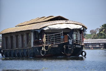 A traditional houseboat with a thatched roof floating on calm waters, surrounded by lush green vegetation and a clear blue sky.