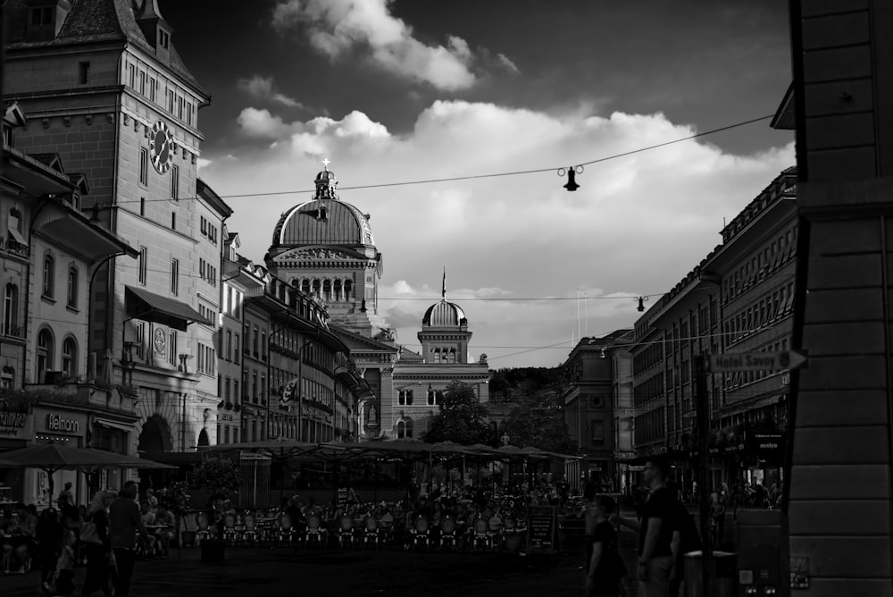 view of cathedral church in grayscale photo