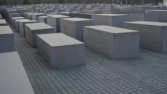 A series of large, rectangular concrete slabs are arranged in a grid pattern on a flat ground, creating a somber and structured aesthetic. The composition suggests a sense of repetition and uniformity.