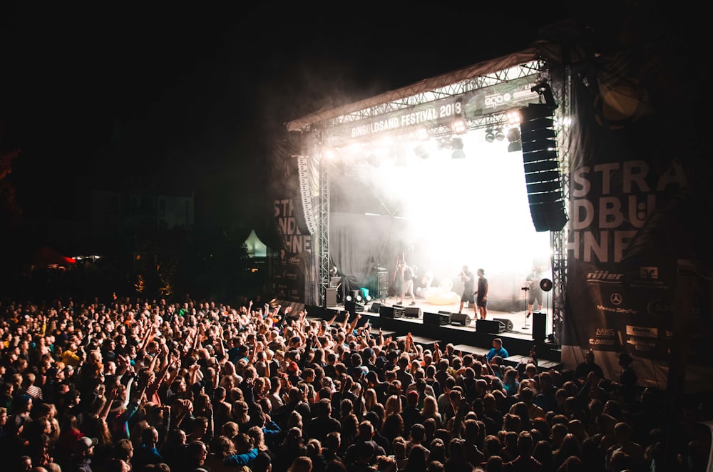 crowd of people watching performance at night