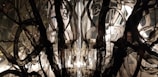 Intricate abstract patterns featuring swirling black brushstrokes and broad strokes of white on a reflective surface. The design creates a dramatic contrast and evokes a sense of depth and complexity.