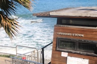 A coastal scene featuring a wooden lifeguard station with signage, positioned above a rocky shore with crashing waves. Palm fronds are visible in the foreground, adding a tropical touch to the seaside setting.