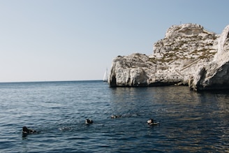 A group of divers swims in a calm, deep blue sea near a rocky cliff. In the background, a sailboat can be seen on the horizon, set against a clear sky.