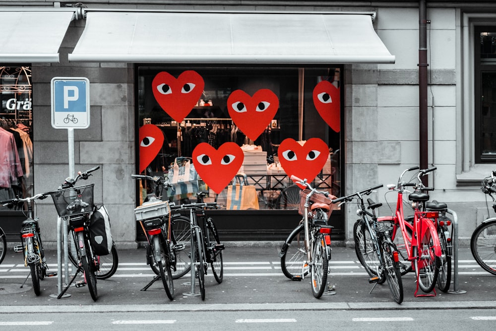 bicycles parked outside store