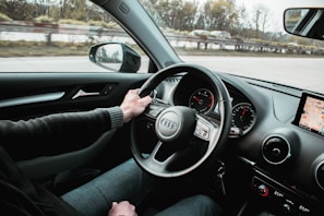 A person is driving a car, with their left hand on the steering wheel. The dashboard includes a speedometer and a small display showing a GPS map. The road outside is visible through the windshield, along with blurred trees and a guardrail, indicating the vehicle is in motion. A side mirror reflects part of the surrounding scene.