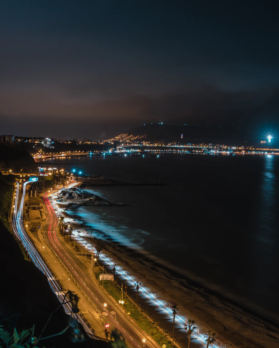 The image depicts a serene night scene at a beach, with a dark sky and calm ocean reflecting the surrounding lights. The perspective is from a high vantage point, providing a sweeping view of the shoreline that extends into the distance. The beach is lined with palm trees, adding to the tropical ambiance. The water appears tranquil, mirroring the lights from the nearby buildings and cars. In the background, several boats can be seen on the water, their silhouettes standing out against the dark sky.