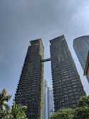 Two tall, modern skyscrapers are connected by a bridge near their tops. The buildings are covered with greenery, resembling a vertical garden. At the base, lush green trees and plants integrate with the architecture. The sky is clear with a few clouds, adding to the modern and eco-friendly feel of the scene.