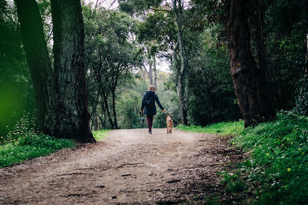 person walking with dog on dirt road