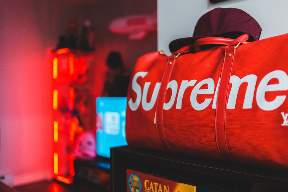 red Supreme leather duffel bag