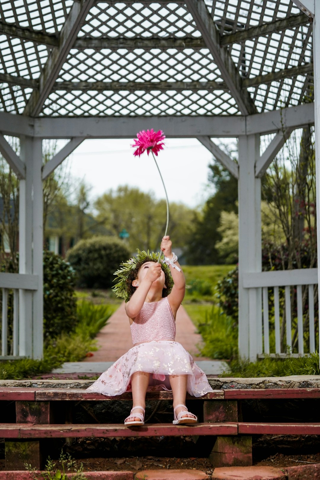 girl holding pink cluster flower under chupa