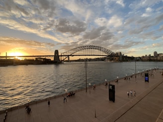 A sweeping view of a steel railway bridge arching gracefully over a river at sunset, with warm light highlighting the intricate engineering details.