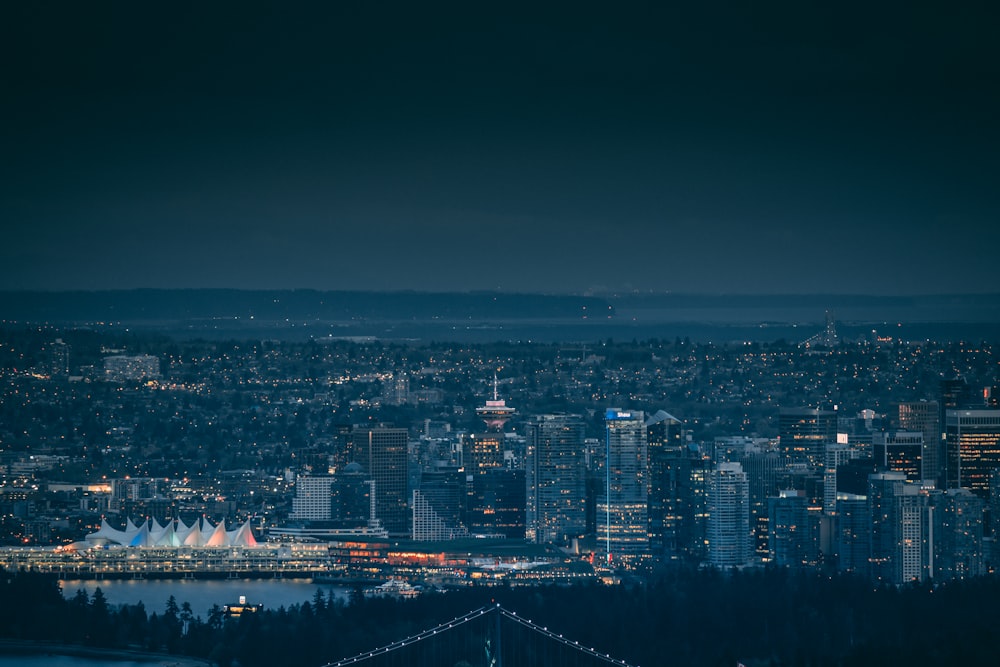 city buildings with lights turned on at night