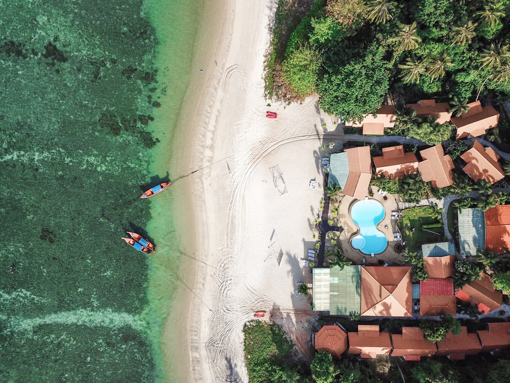 aerial view of resort near beach