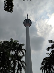 A tall telecommunications tower rises into a cloudy sky, surrounded by lush green palm trees at its base. The tower has a bulbous observation deck near the top and is topped with an antenna.