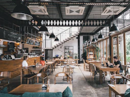 interior of rustic cafe with wooden tables