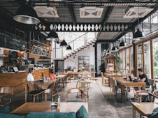 interior of rustic cafe with wooden tables