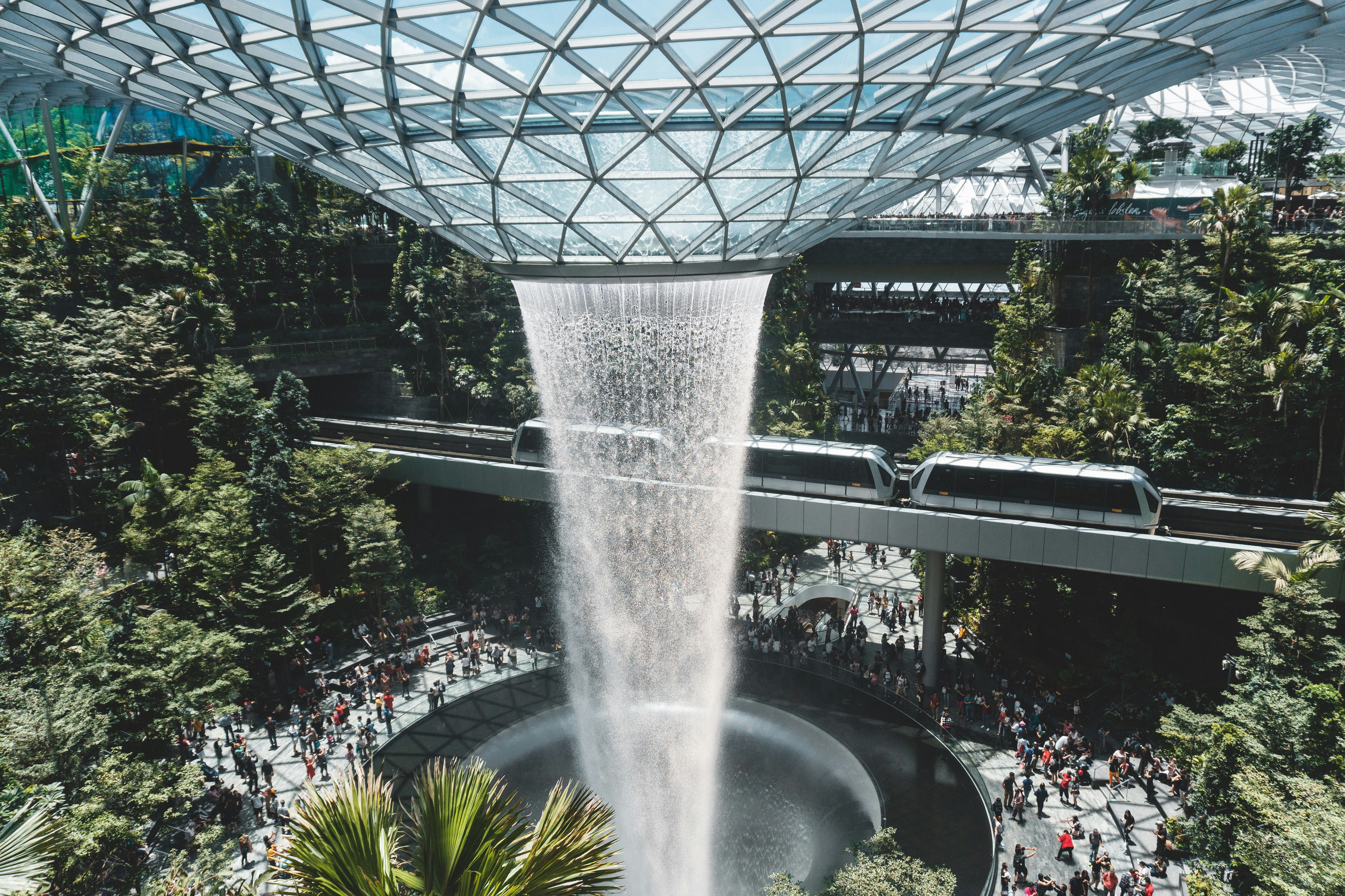 Timelapse photography of water pouring from a glass ceiling photo