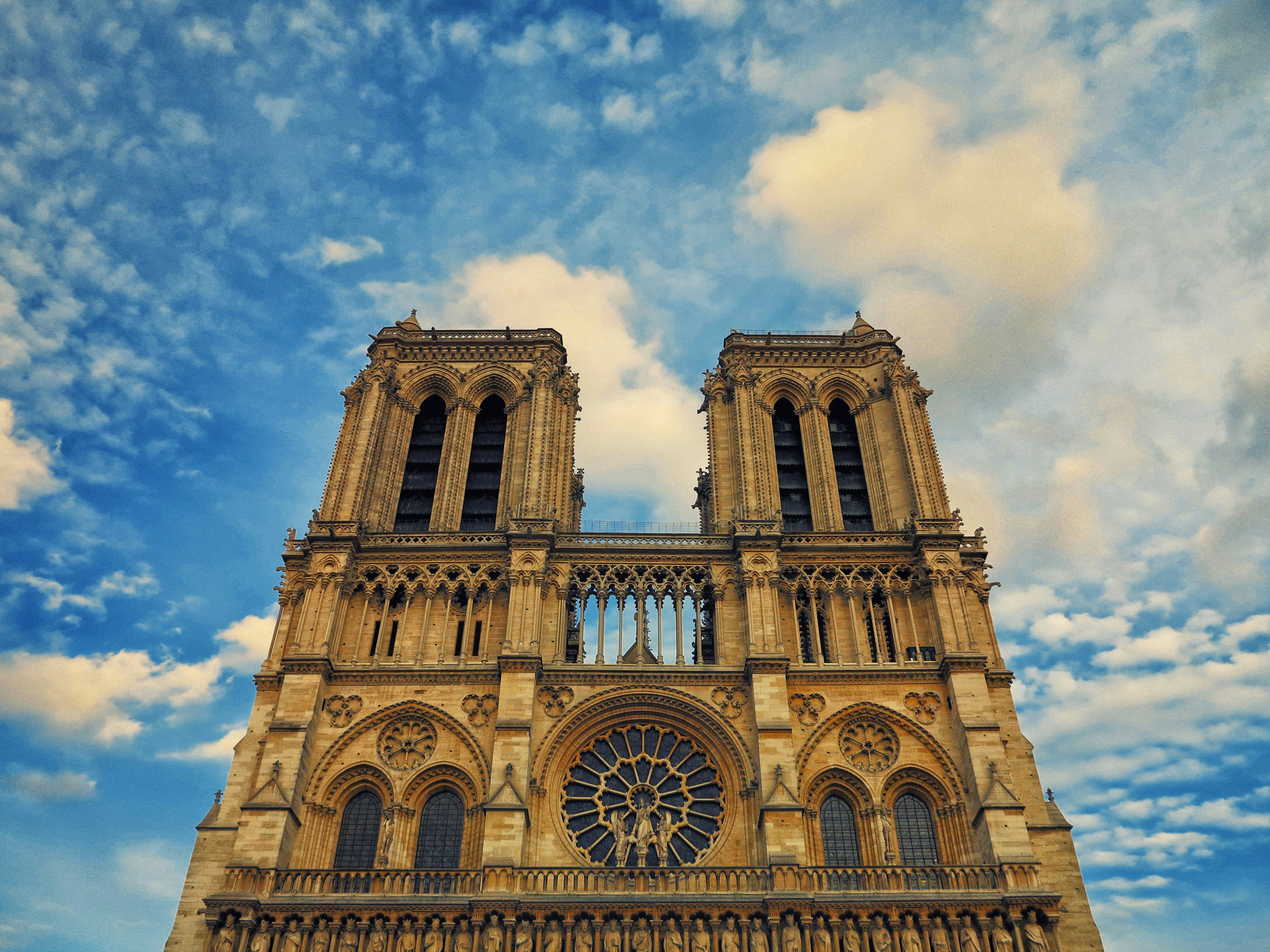 The monumental Notre Dame Cathedral in Paris, France.