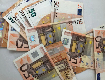50 euro banknote lot on white surface