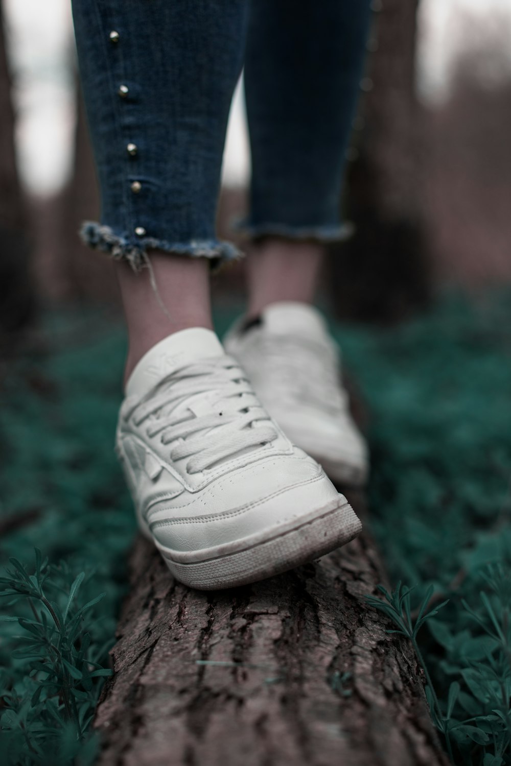 selective focus photography of person walking on trunk