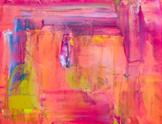 A vibrant abstract painting with bold purple and gold brushstrokes.