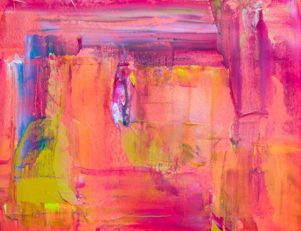 A vibrant abstract painting with bold purple and gold brushstrokes.