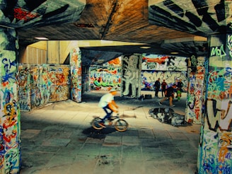 A vibrant urban scene with a young person riding a bicycle through a graffiti-covered underpass. The walls are filled with colorful and diverse street art, creating a lively and energetic atmosphere. A couple of other individuals are present in the background, one of whom appears to be carrying a skateboard.