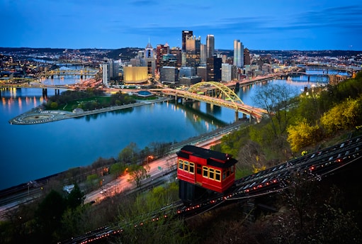 aerial photo of bridge and buildings in Pittsburgh under blue sky