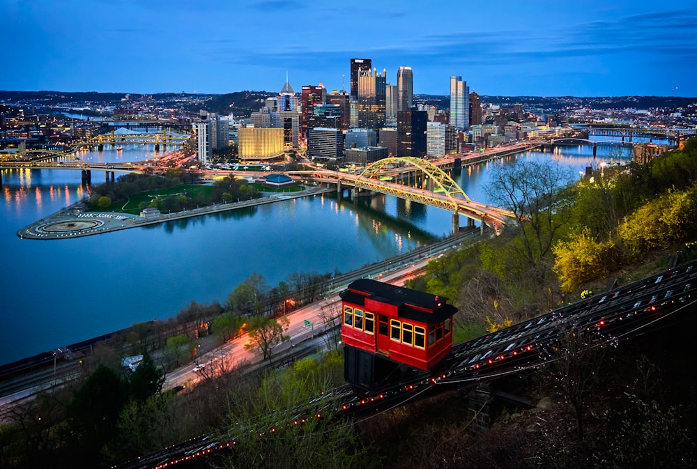 aerial photo of bridge and buildings under blue sky