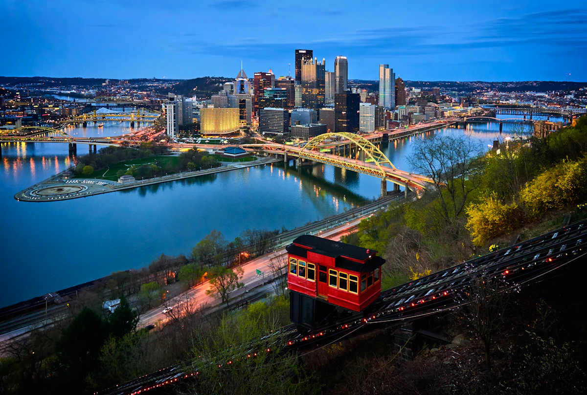 Pittsburgh skyline and rivers with a Duquesne Incline car in the foreground