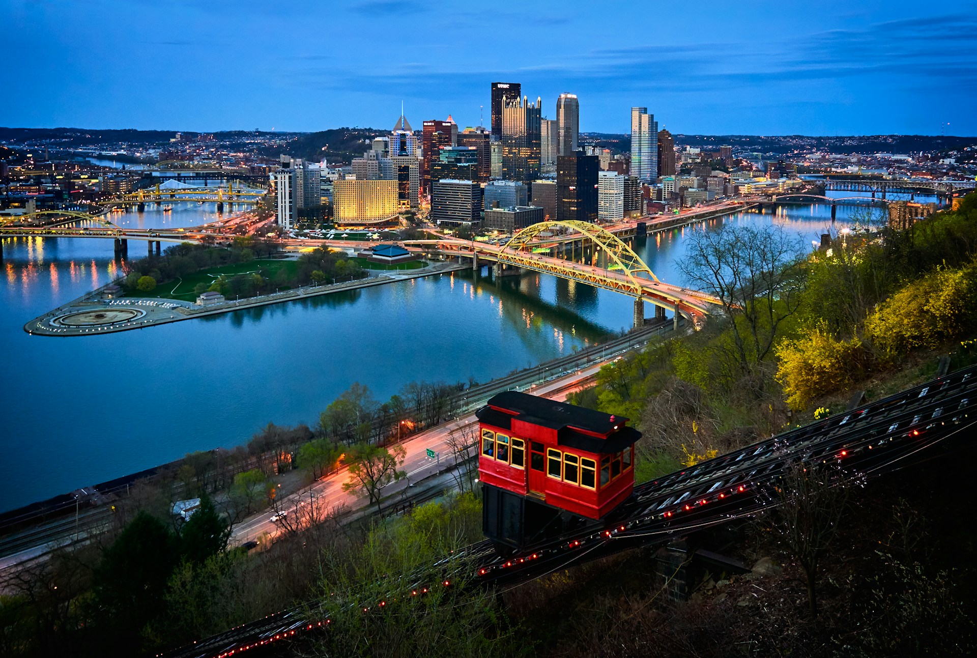 aerial photo of bridge and buildings under blue sky