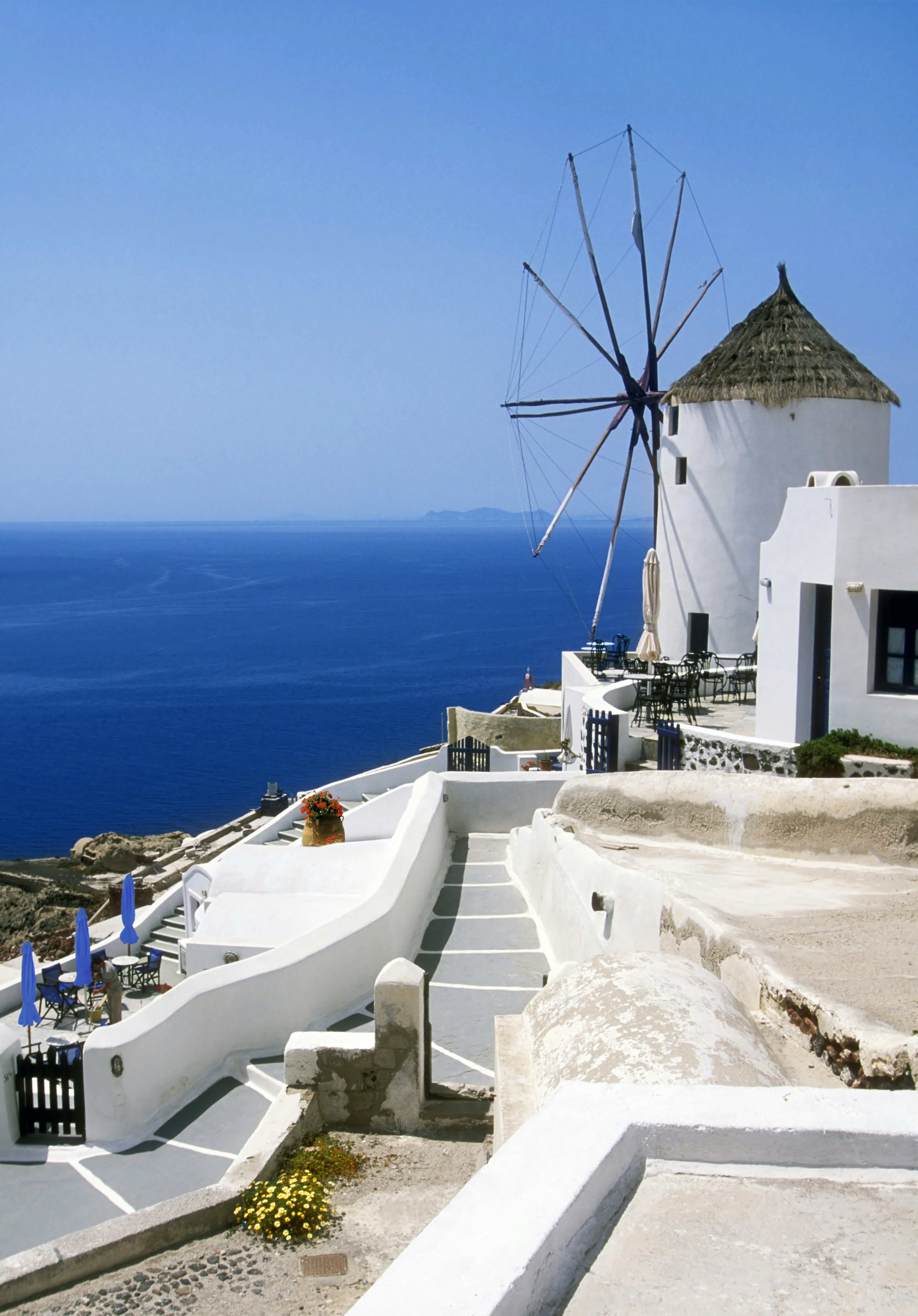 Windmills of Mykonos overlooking the Aegean Sea Greece