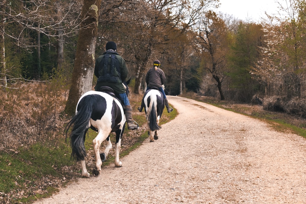 two people riding horses down a dirt road