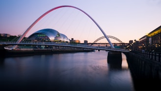 A modern bridge arching gracefully over a river at sunset.