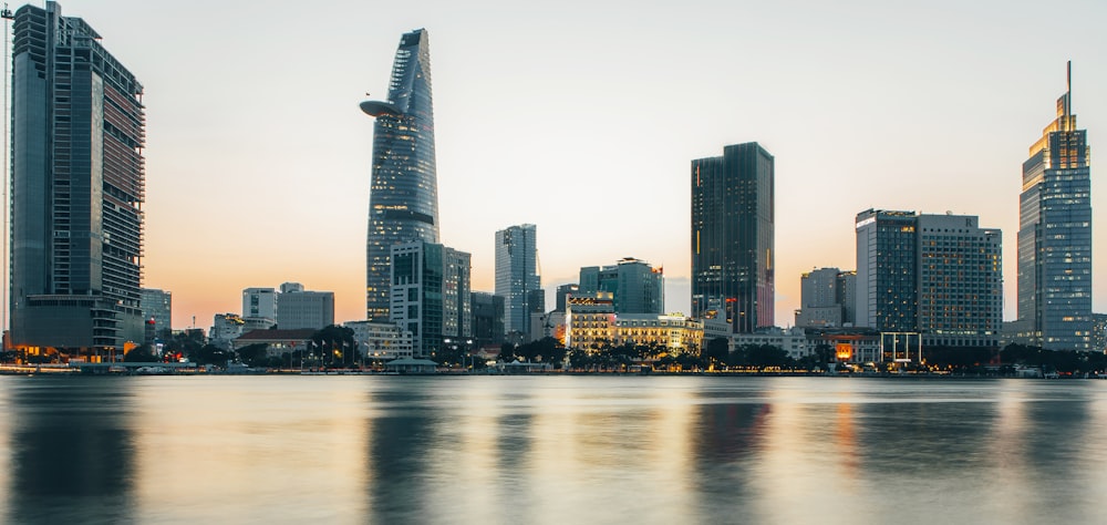 a large body of water surrounded by tall buildings