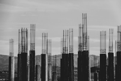 grayscale photography of concrete posts