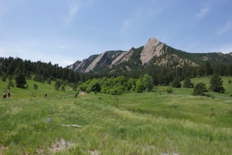 A scenic view of a mountain landscape with travelers enjoying the outdoors.