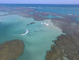 Aerial view of a coastal area with crystal-clear turquoise water and visible coral formations. Several boats and people are gathered on a sandy patch amidst the water, suggesting a recreational or tourist activity. A jet ski is creating a wake in the water nearby.
