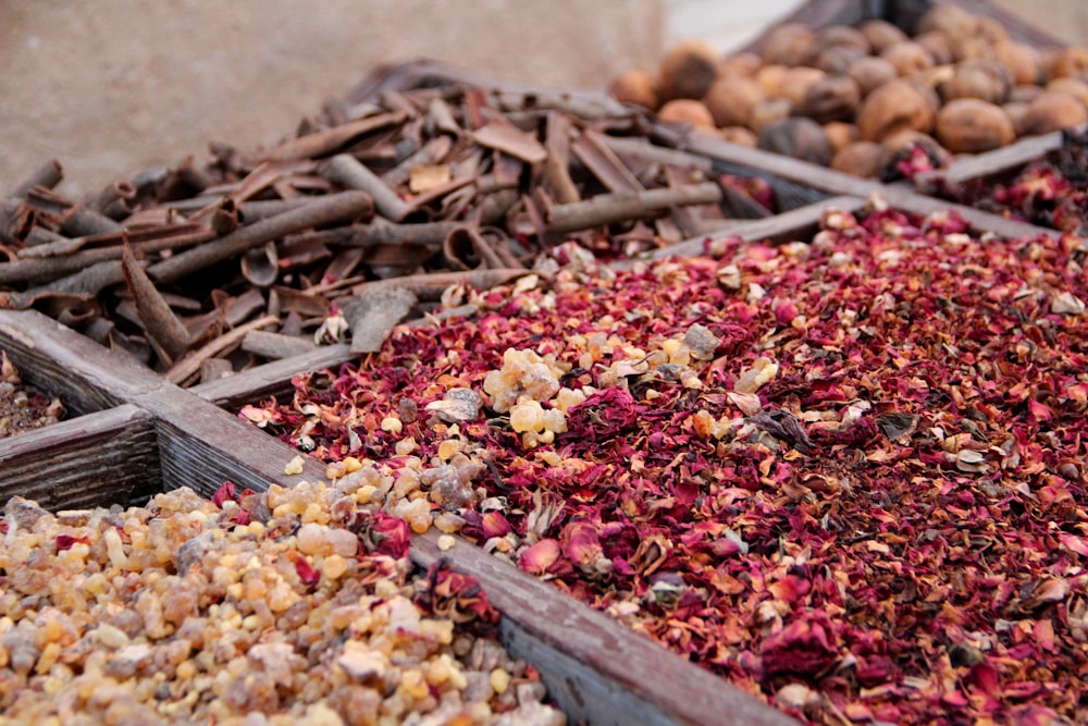 variety of spices on wooden crates