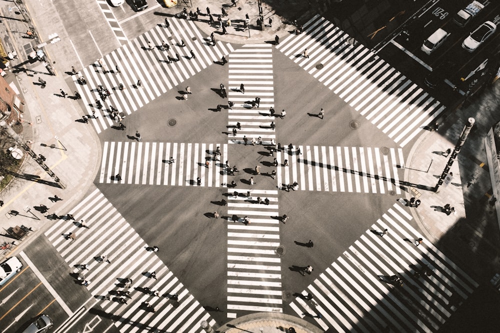 aerial photography of people walking in intersection way