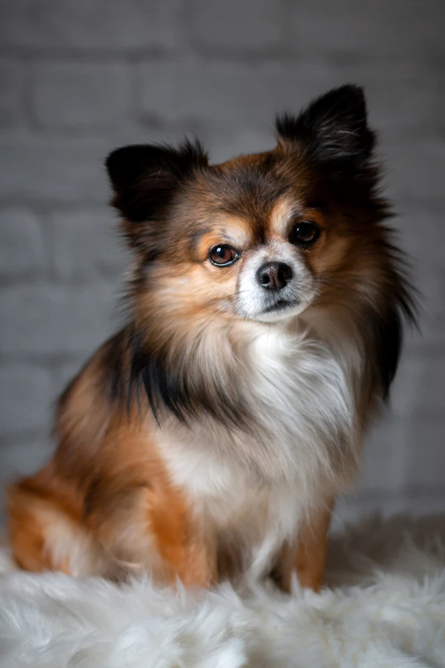 Long-coated white and brown chihuahua resting against a soft wall